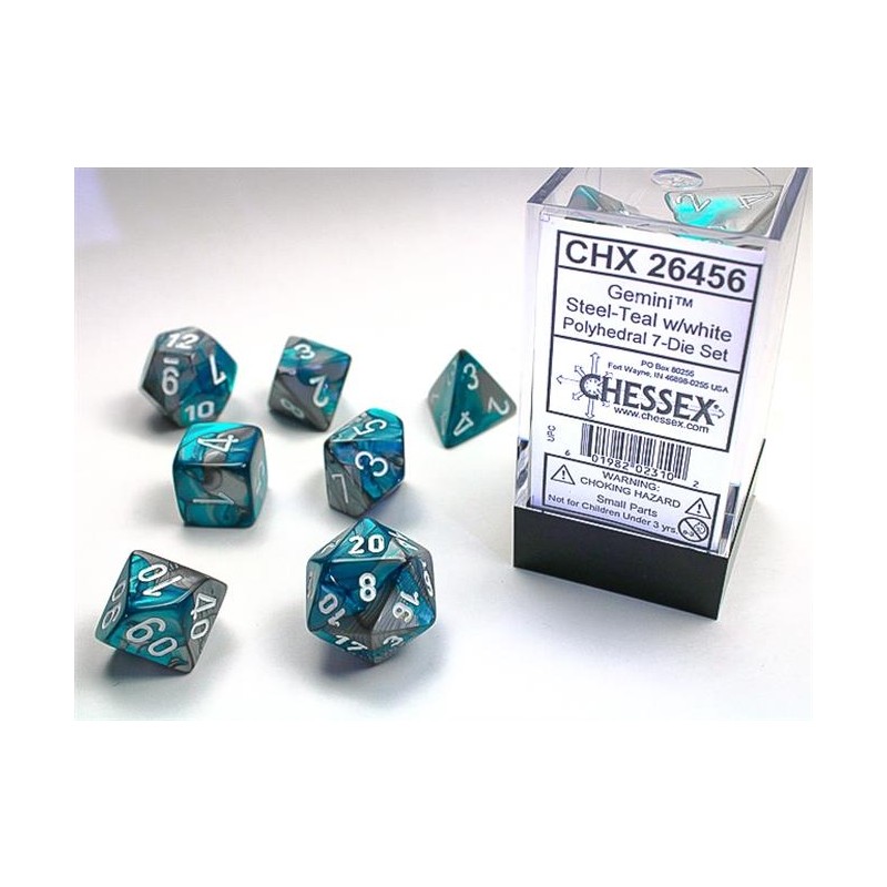 Chessex - Set 7 Dadi Poliedrici Gemini - Steel-Teal W/White