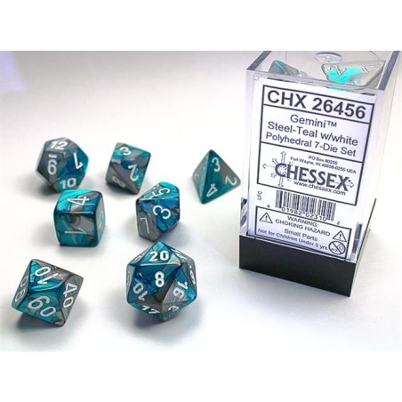 Chessex - Set 7 Dadi Poliedrici Gemini - Steel-Teal W/White